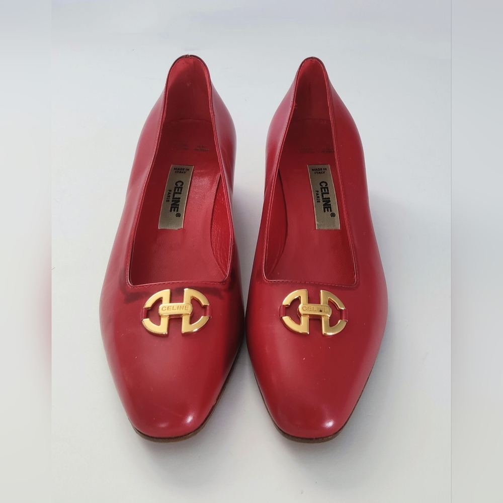 Celine Paris Red Leather Heels with Gold Logo. Size 34 EU. New. - Picture 3 of 8
